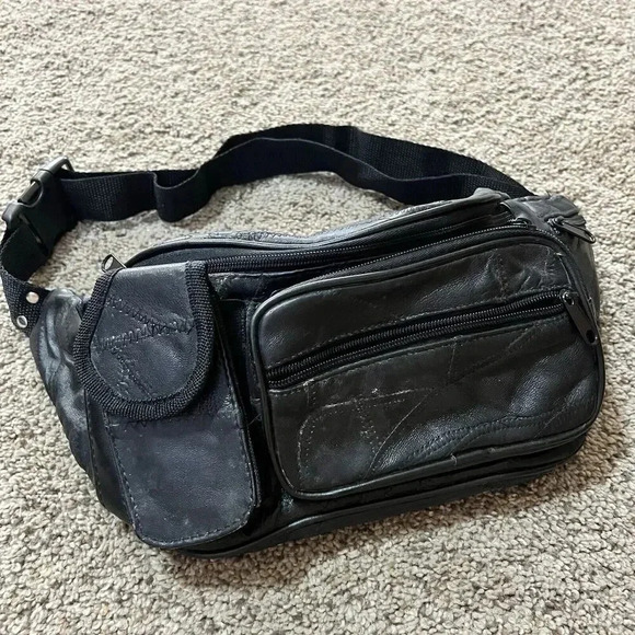 Vintage Soft Leather Fanny Pack Waist Boho Crossbody Patchwork Black Belt Bag 90 - Picture 9 of 16